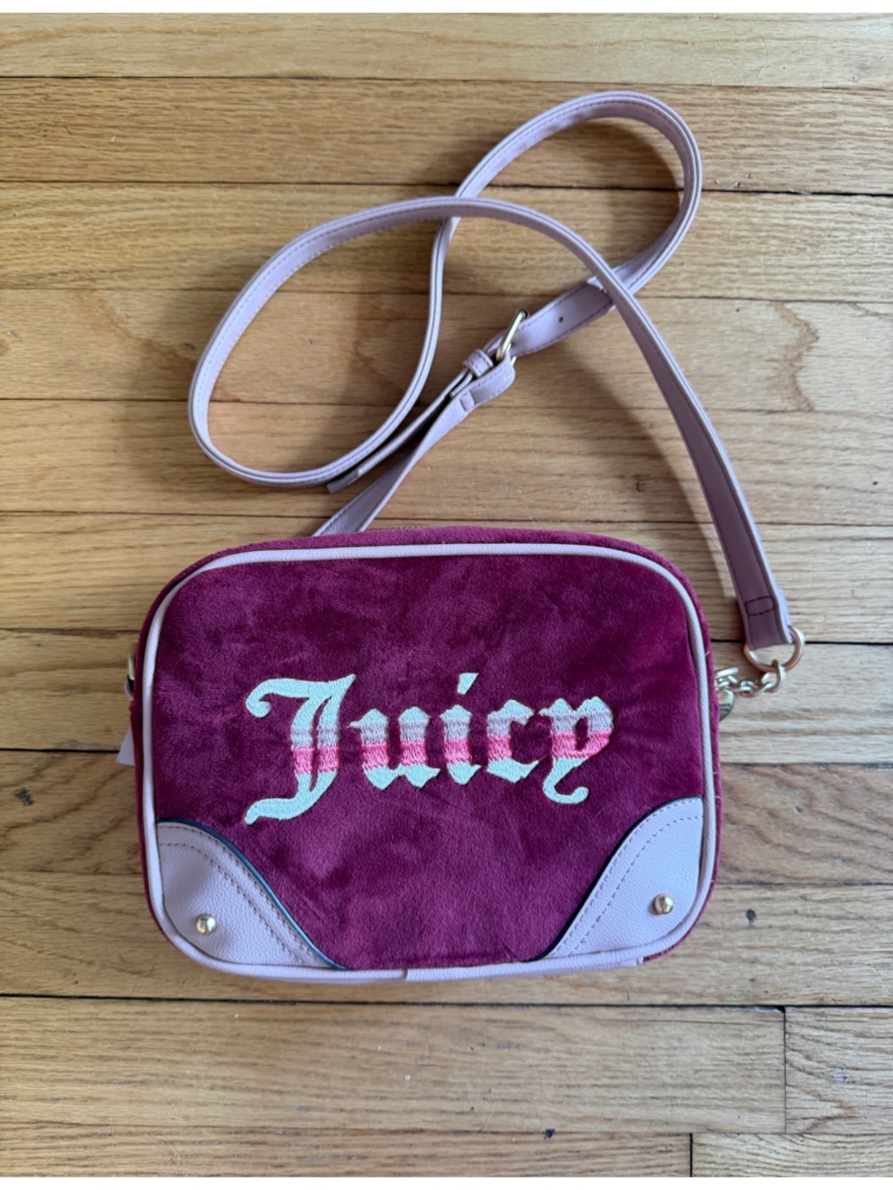 Juicy Couture Burgundy Velvet Crossbody with Pale Pink Trim
